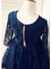 Long Sleeves Navy Blue Lace Slit Back Unique Flower Girl Dress